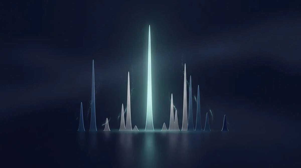 Glowing teal mass spectrometry peak pattern on a dark navy background, representing analytical identification of PT-141 name variants and mass.