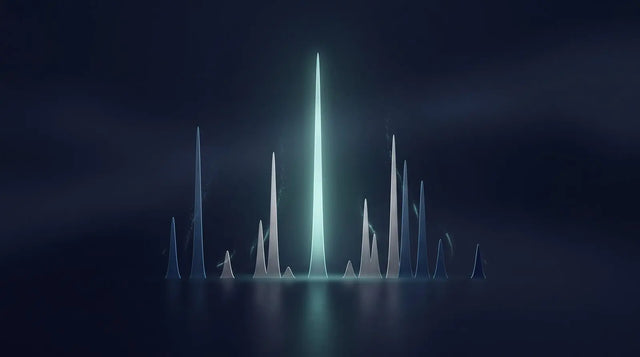 Glowing teal mass spectrometry peak pattern on a dark navy background, representing analytical identification of PT-141 name variants and mass.