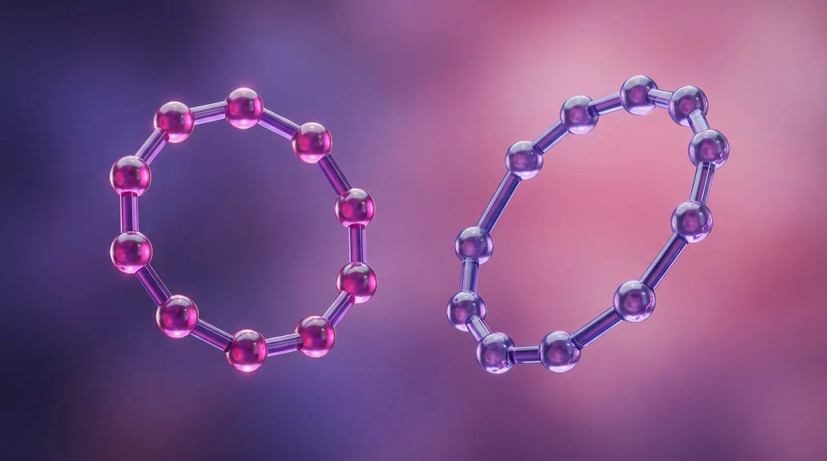 Two abstract cyclic peptide ring structures side by side in magenta and purple, representing a comparison of PT-141 and Melanotan II melanocortin agonists.