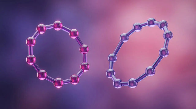 Two abstract cyclic peptide ring structures side by side in magenta and purple, representing a comparison of PT-141 and Melanotan II melanocortin agonists.