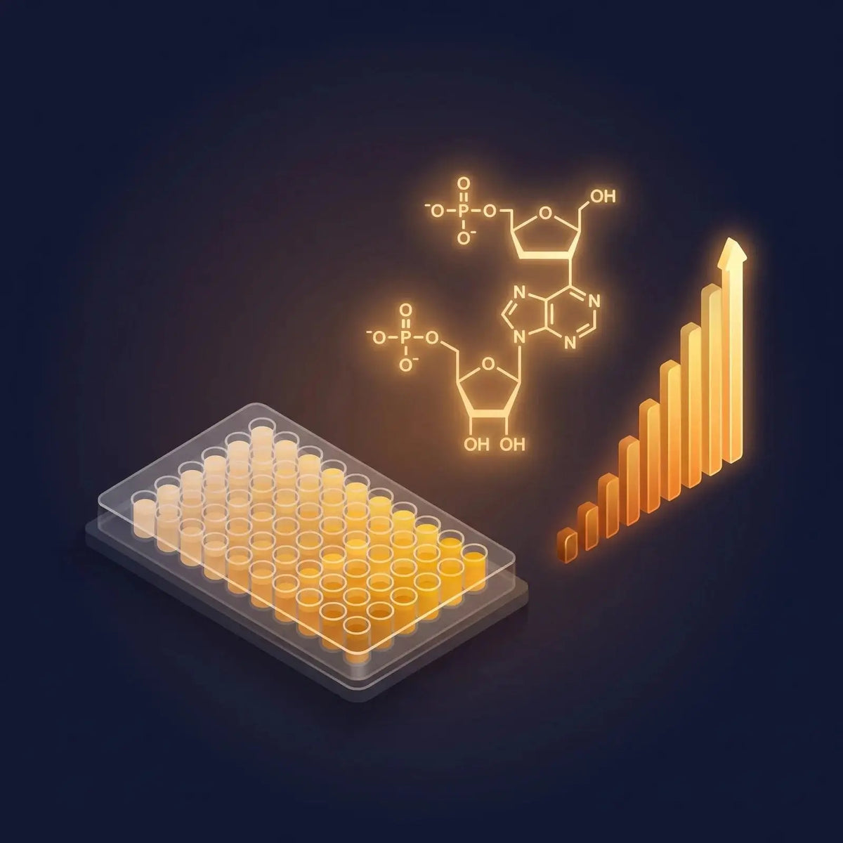 Isometric diagram of a microplate with a gradient of amber colorimetric intensity beside a dinucleotide molecular structure and a rising bar indicator, representing enzyme-cycling quantification