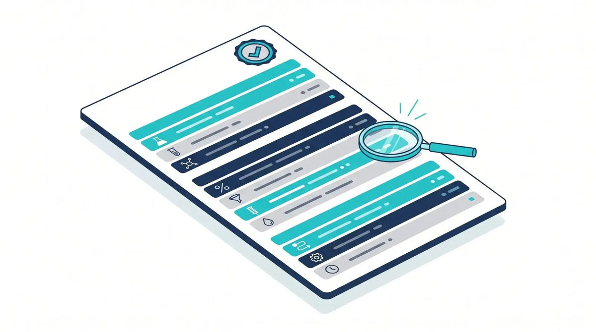 Isometric Certificate of Analysis document with grouped placeholder rows, a seal, and a magnifier examining a line