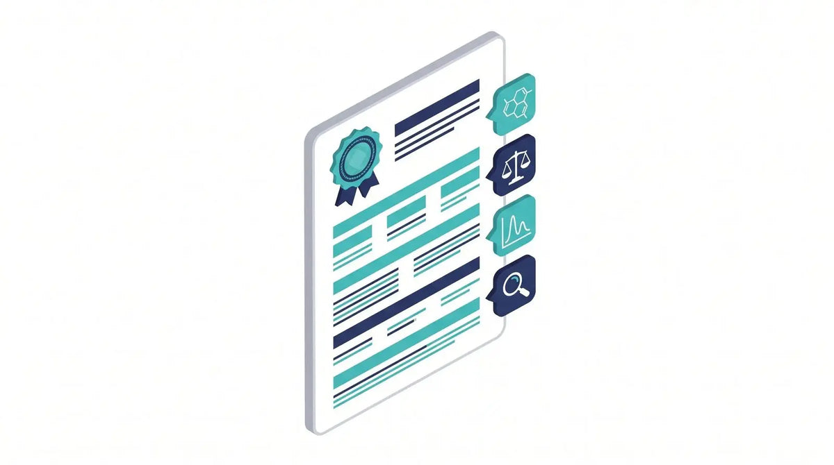 Isometric certificate-of-analysis document with placeholder rows, a seal, and field icons for molecular structure, weight, HPLC peak, and magnifier