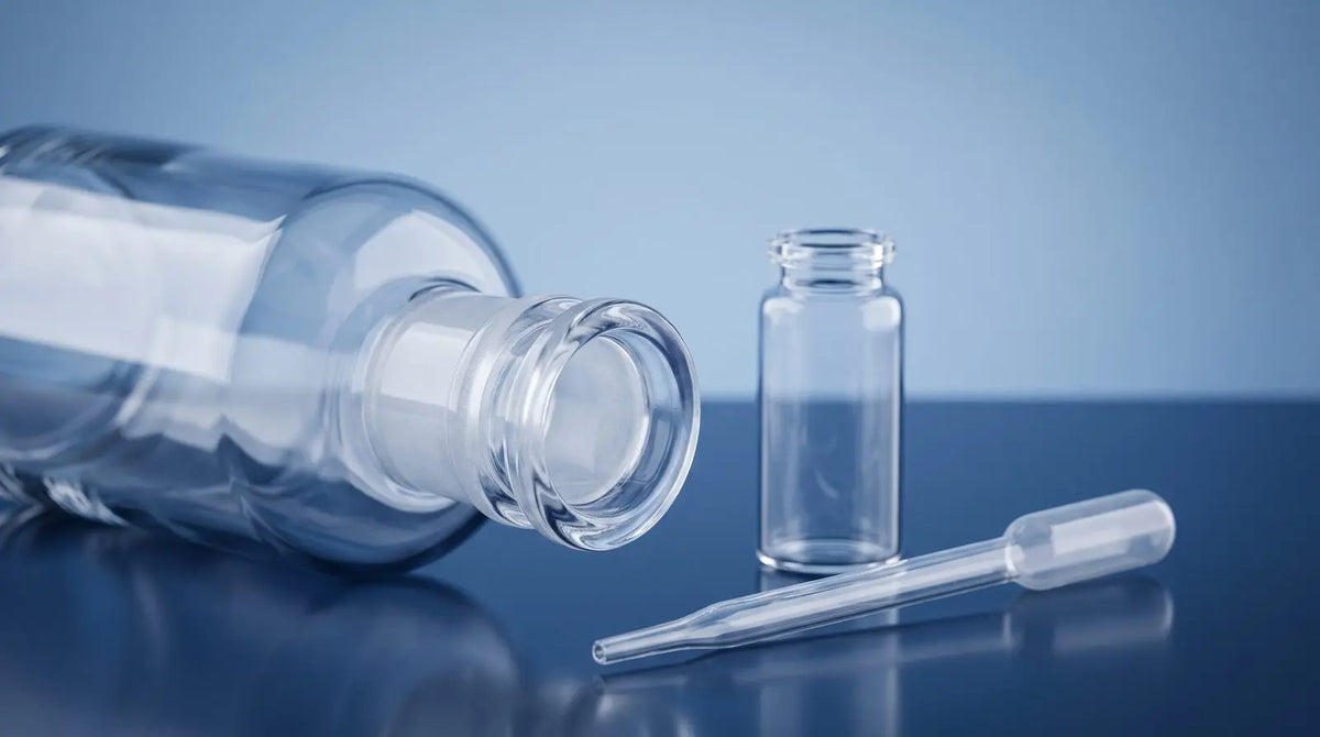 A clean arrangement of reconstitution solvent bottle, vial, and pipette on a reflective blue surface.