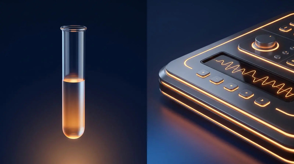 Abstract contrast between a simple colorimetric test tube and a precise analytical instrument.