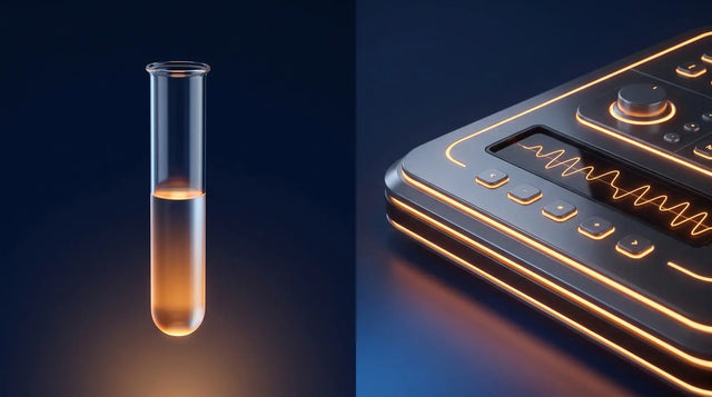 Abstract contrast between a simple colorimetric test tube and a precise analytical instrument.