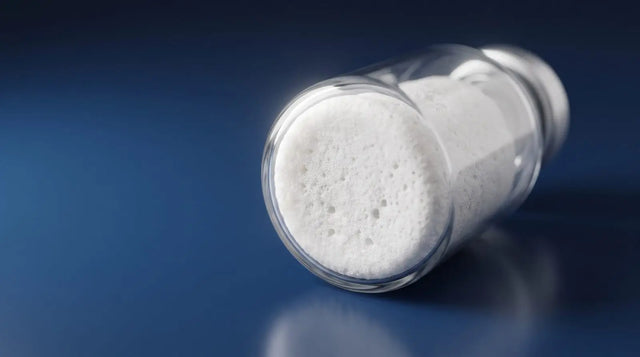 A clear vial of white lyophilized peptide powder under soft light illustrating visual inspection limits.