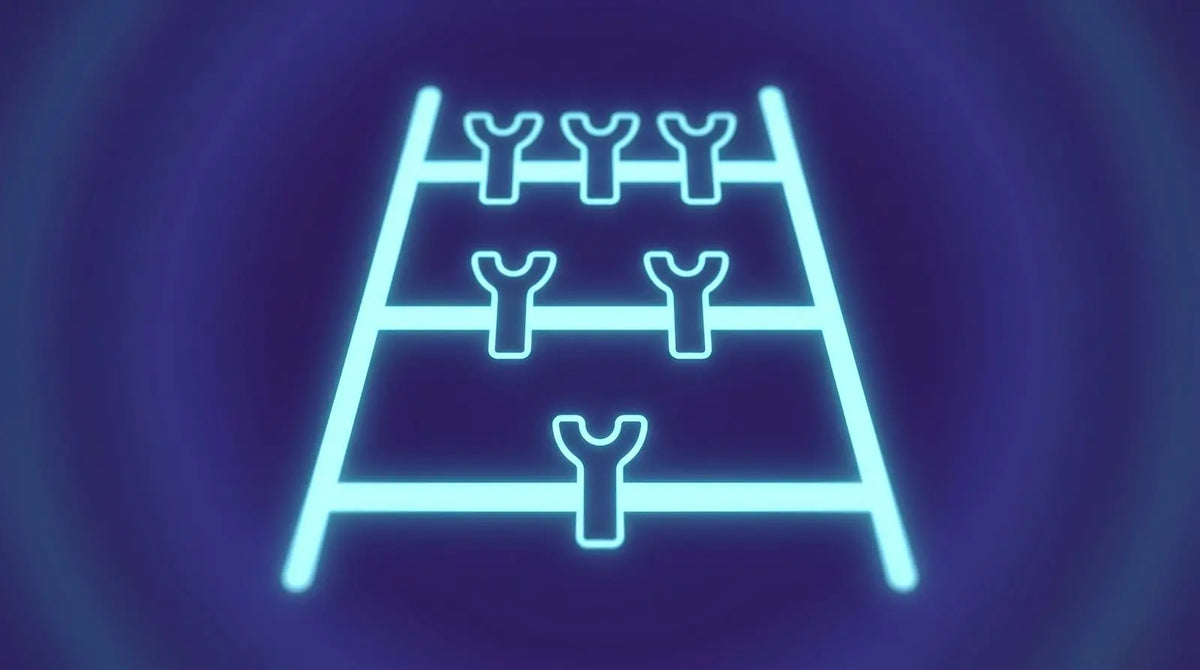 Glowing cyan schematic ladder with one, two and three receptor shapes on successive rungs, illustrating the single-, dual- and triple-agonist naming of retatrutide.