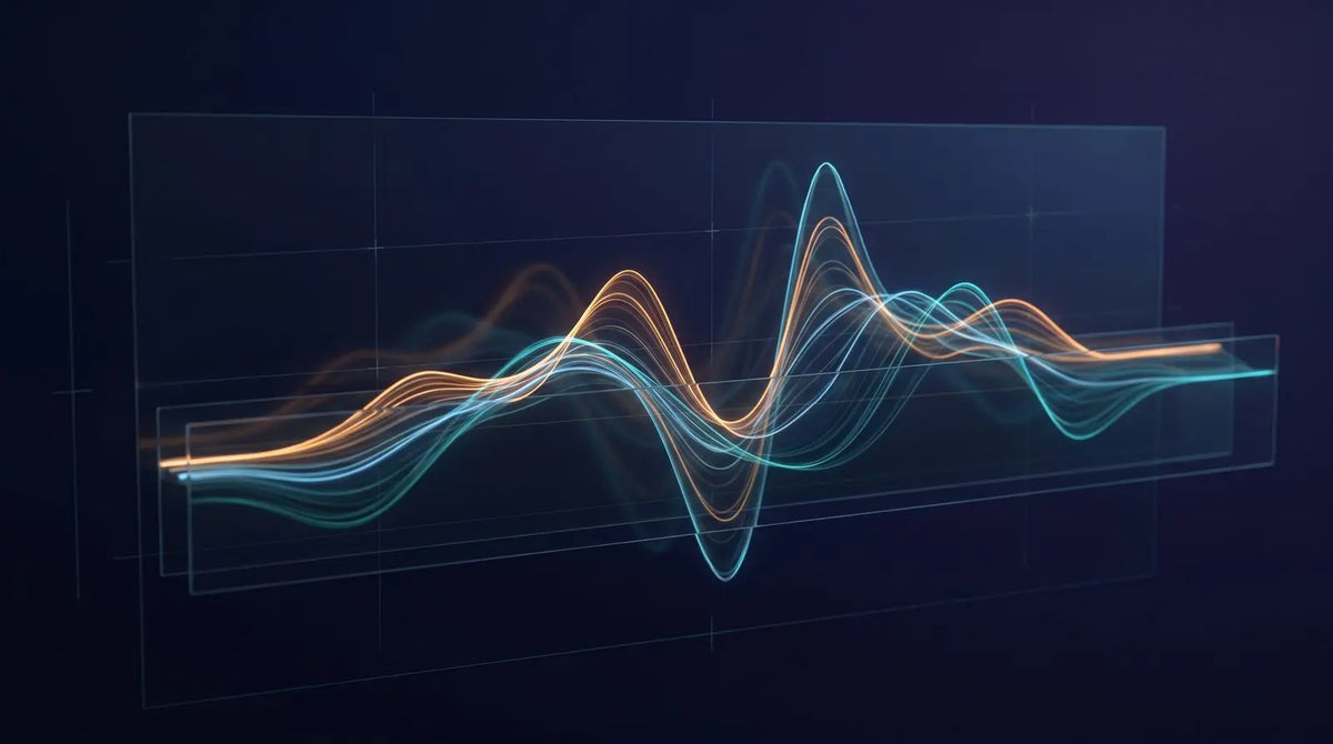 Abstract amber and teal chromatogram-style waveform peaks on a dark navy field, representing HPLC purity analysis and COA verification of research peptides.
