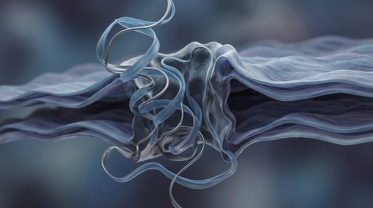 Steel-blue ribbon render of a GLP-1-class peptide helix engaging a receptor embedded in a cell membrane, representing in-vitro metabolic research.