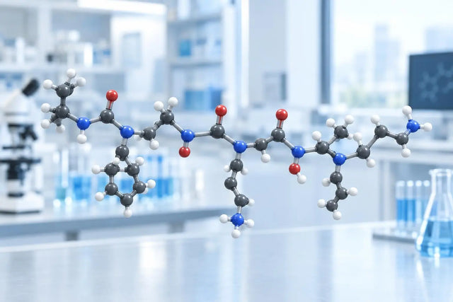 Three-dimensional ball-and-stick molecular model of a short heptapeptide in a laboratory setting, representing semax structure for in vitro research.