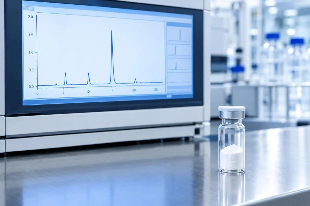 HPLC chromatogram on a laboratory instrument screen beside a glass vial of white lyophilized powder, representing identity and purity checks for in vitro research.