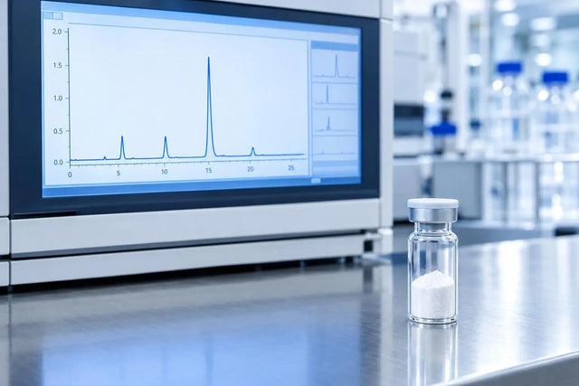 HPLC chromatogram on a laboratory instrument screen beside a glass vial of white lyophilized powder, representing identity and purity checks for in vitro research.