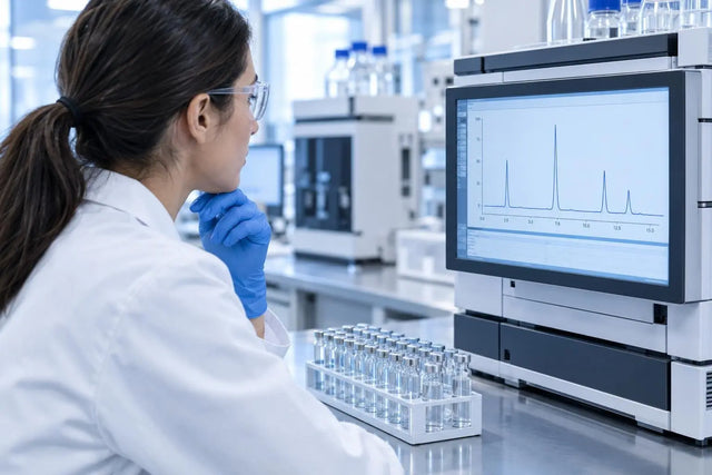 Scientist in a lab coat, safety glasses and gloves reviewing an HPLC screen beside research vials at a bench, representing identity verification for in vitro research.