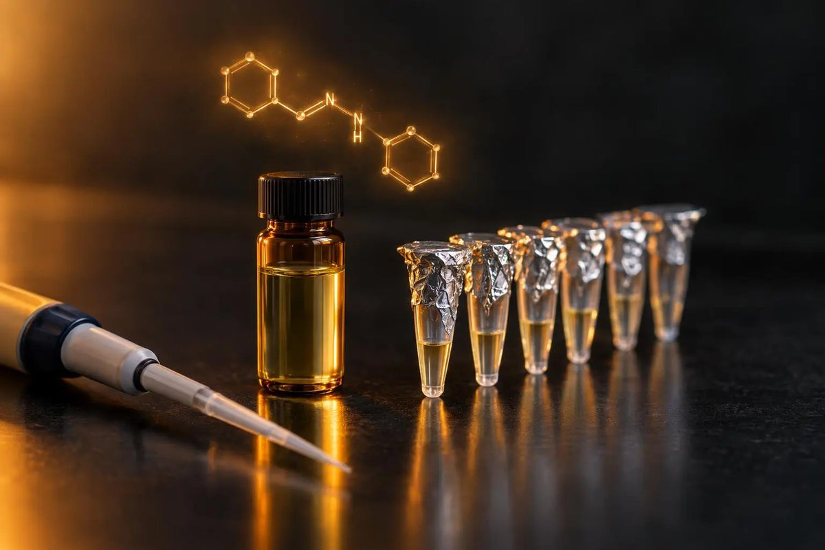 Amber vial of DMSO stock solution with foil-wrapped aliquot tubes on a dark lab bench, warm amber lighting