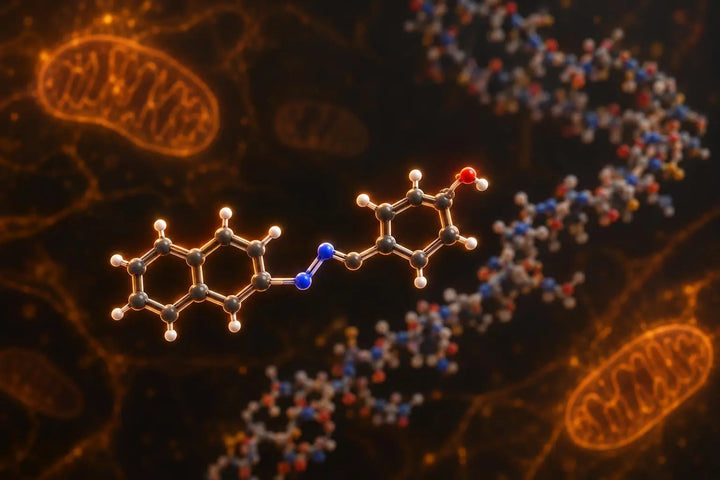 Ball-and-stick render of the small-molecule ERR agonist SLU-PP-332 contrasted against a faint peptide chain, amber lighting on a dark background