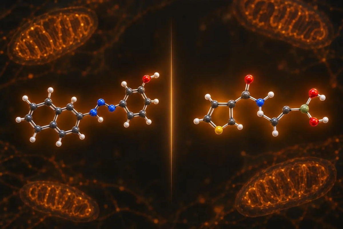 Side-by-side ball-and-stick renders of two ERR agonist small molecules, SLU-PP-332 and SLU-PP-915, in amber light on a dark background
