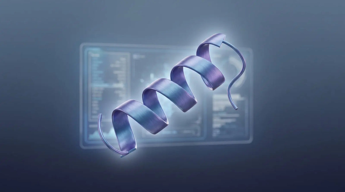 Abstract peptide fragment ribbon representing AOD-9604 sourced as a research material.