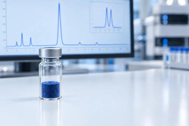 Vial of deep-blue lyophilized copper-peptide powder on a lab bench with an HPLC trace behind, illustrating GHK-Cu research-material sourcing and COA review