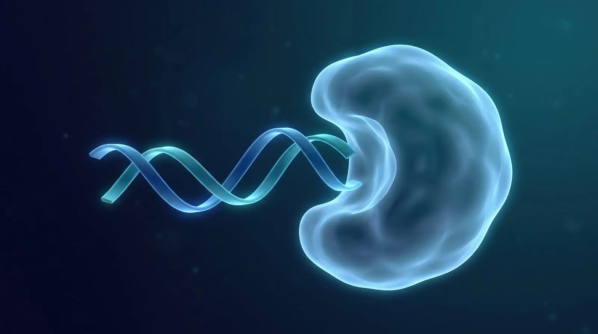Abstract peptide ribbon and receptor motif representing GLP-2 as a research material.