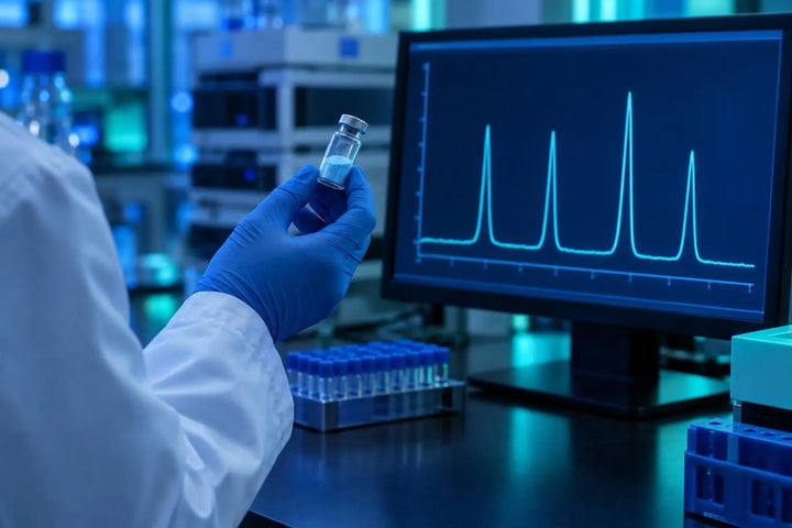 Researcher in a lab coat checking a vial of blue peptide blend powder against a four-peak analytical readout