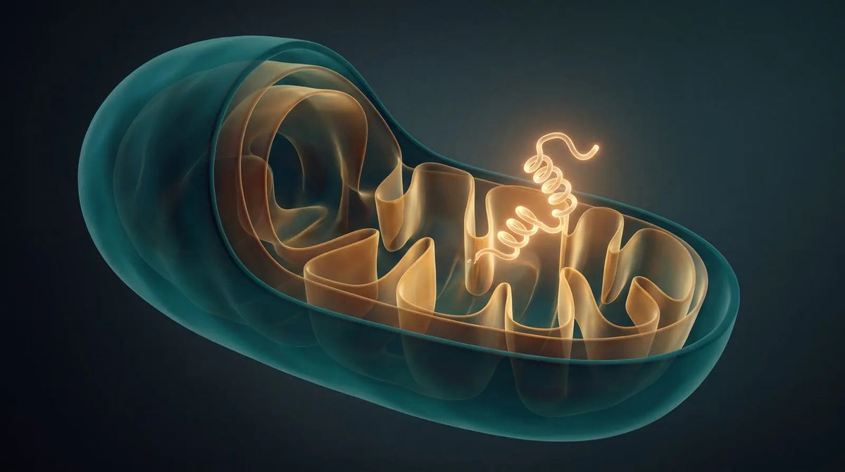 Abstract mitochondrion cross-section with a peptide at the inner membrane representing SS-31.