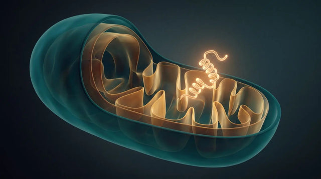 Abstract mitochondrion cross-section with a peptide at the inner membrane representing SS-31.