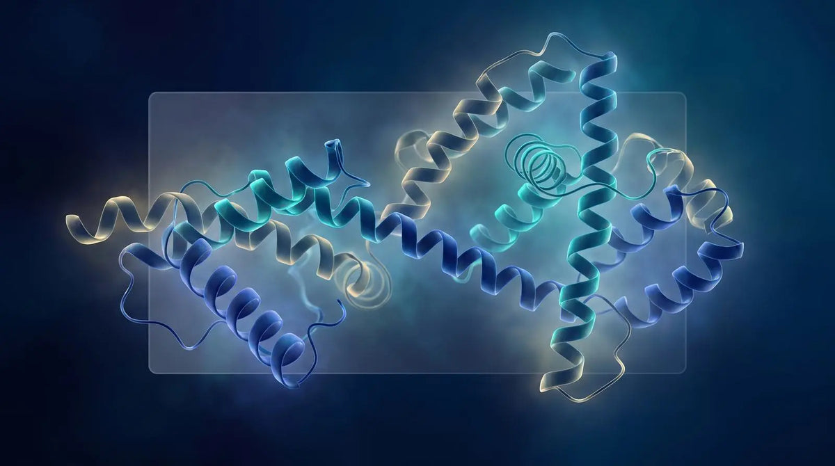 Abstract peptide ribbon render representing tesamorelin as a research material.