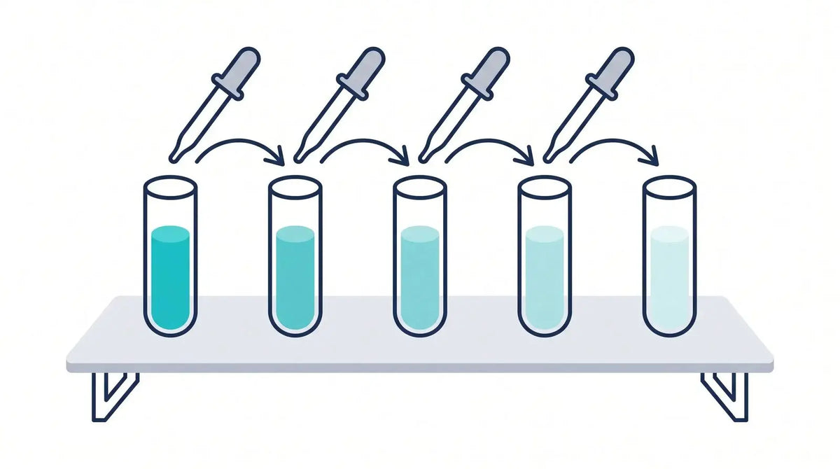 Isometric row of five tubes with progressively more dilute solution and transfer arrows, representing serial dilution