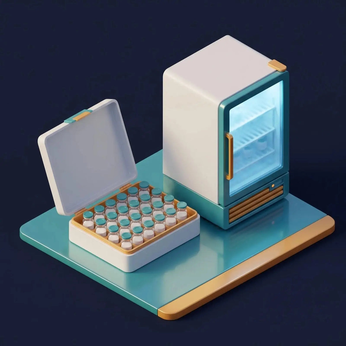 Isometric illustration of an organized vial storage box full of capped research vials beside a small lab freezer unit, representing good peptide storage practice
