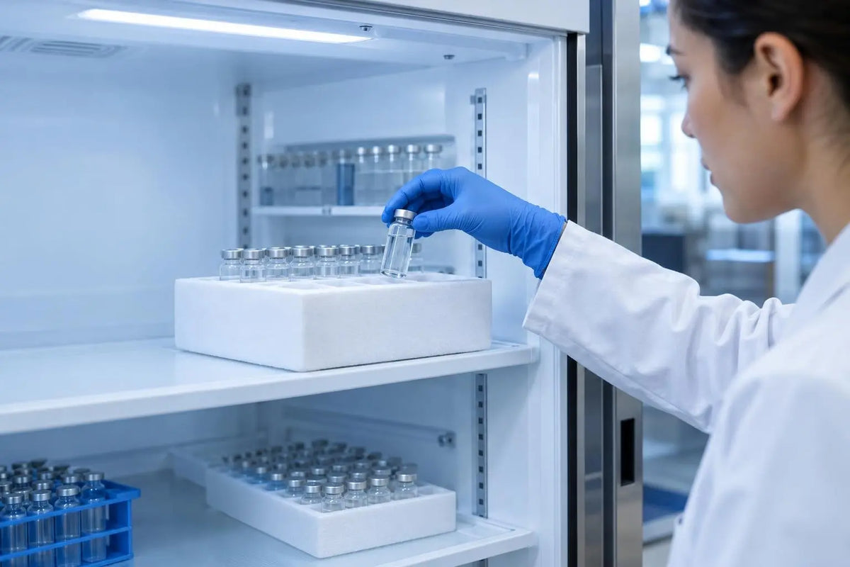 Scientist in a lab coat placing a sealed vial of bacteriostatic water into a storage box in a lab refrigerator, illustrating storage practice for in vitro reconstitution solvents