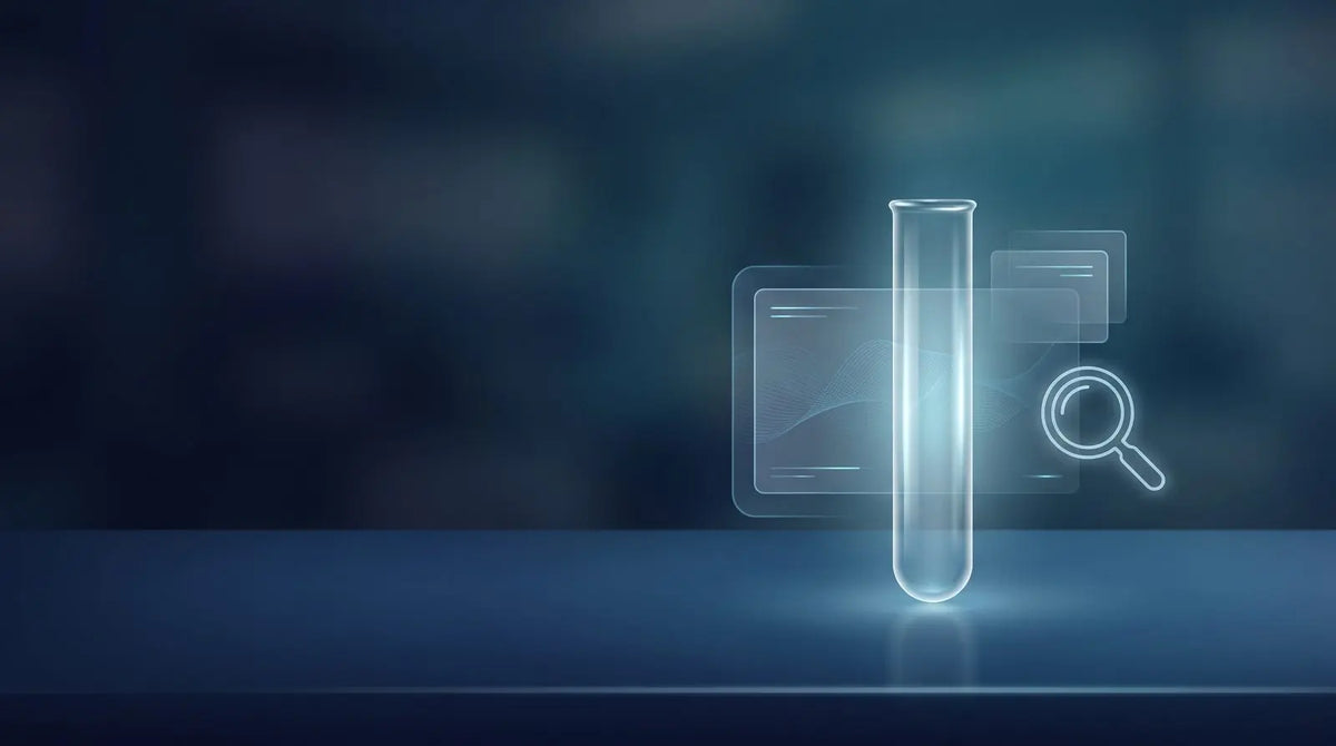 Abstract quality-control scene with chart panels and a research vial representing supplier evaluation.