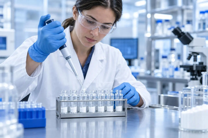 Scientist in a lab coat, safety glasses and gloves using a micropipette over a rack of vials, representing stock solution preparation for in vitro research.