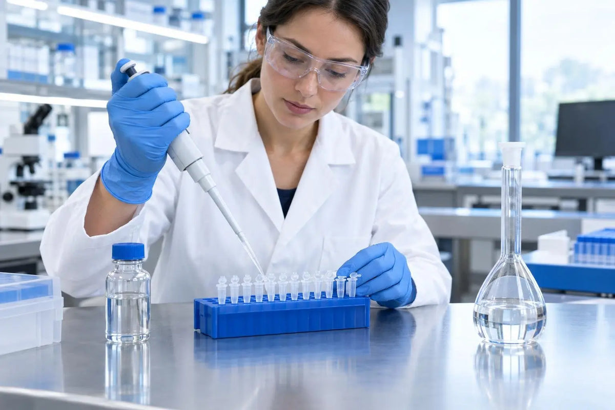 Scientist pipetting buffer into microcentrifuge tubes beside a peptide vial, illustrating in vitro stock concentration math