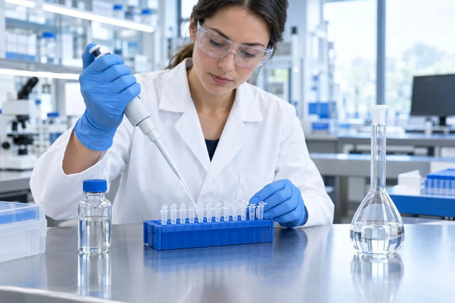 Scientist pipetting buffer into microcentrifuge tubes beside a peptide vial, illustrating in vitro stock concentration math