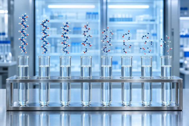 Row of test tubes with peptide solution and molecular chains fading to fragments, illustrating in vitro stability and half-life