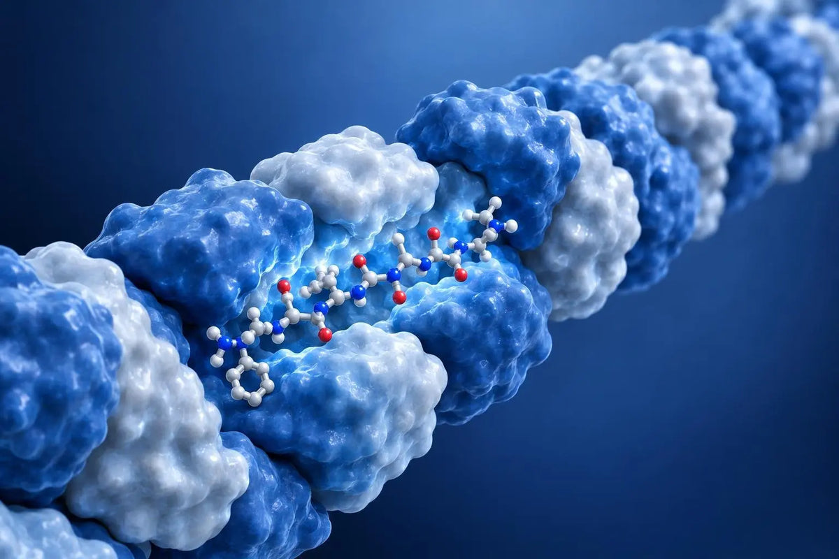 3D render of a short peptide motif binding an actin filament, illustrating the LKKTETQ actin-binding sequence studied in vitro