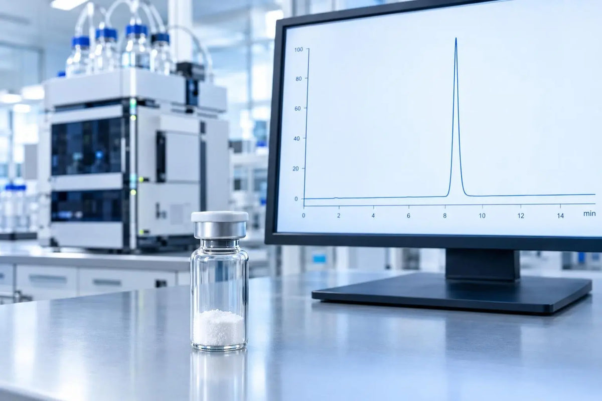 Research vial of lyophilized peptide in front of a single-peak HPLC purity trace, representing COA review for in vitro use