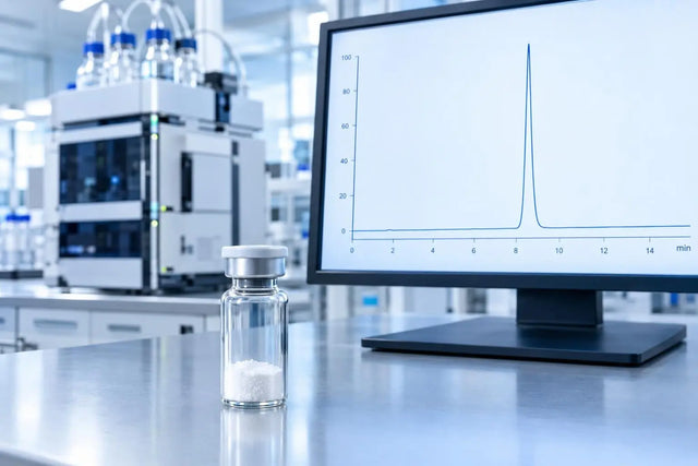 Research vial of lyophilized peptide in front of a single-peak HPLC purity trace, representing COA review for in vitro use