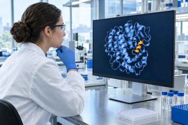 Scientist viewing a protein ribbon model with a highlighted fragment, comparing a peptide fragment to the full protein in vitro