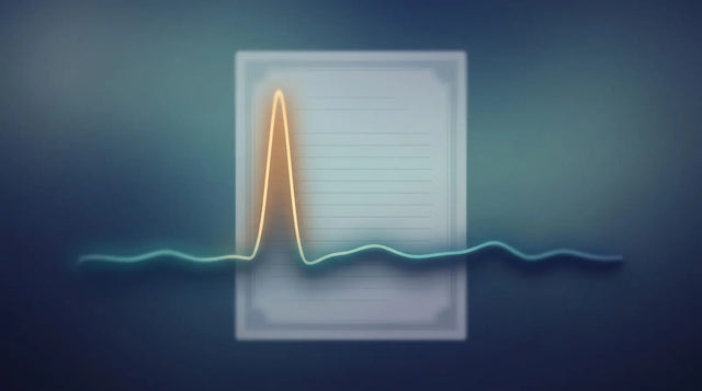 Glowing HPLC chromatogram with one dominant peak over a blank certificate-style document, representing purity and COA factors in tesamorelin research-material cost.