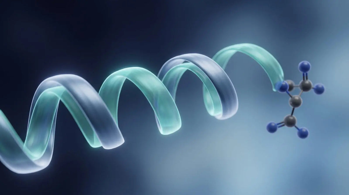 Ribbon render of a long helical peptide in steel-blue and teal with a small ball-and-stick acyl cap at its N-terminus, representing tesamorelin GHRH-analog structure research.