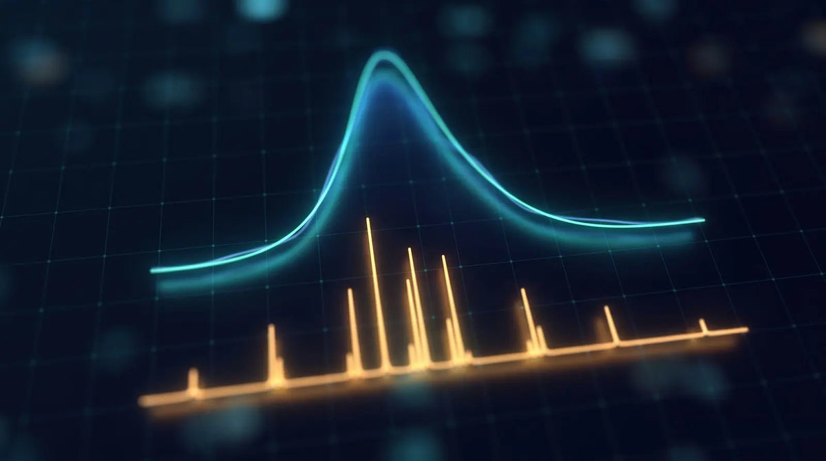 Teal HPLC chromatogram peak above an amber mass-spectrometry stick spectrum on a dark grid, representing confirming tesamorelin identity by CAS and mass spec.