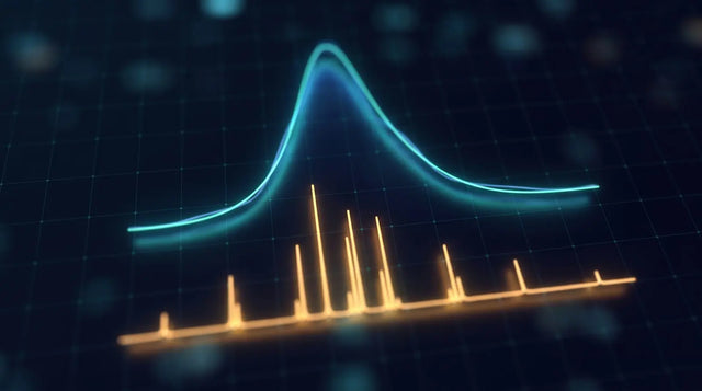 Teal HPLC chromatogram peak above an amber mass-spectrometry stick spectrum on a dark grid, representing confirming tesamorelin identity by CAS and mass spec.