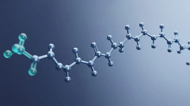 Ball-and-stick amino acid backbone with a teal-highlighted N-terminal cap group, illustrating tesamorelin sequence and N-terminal modification stability.