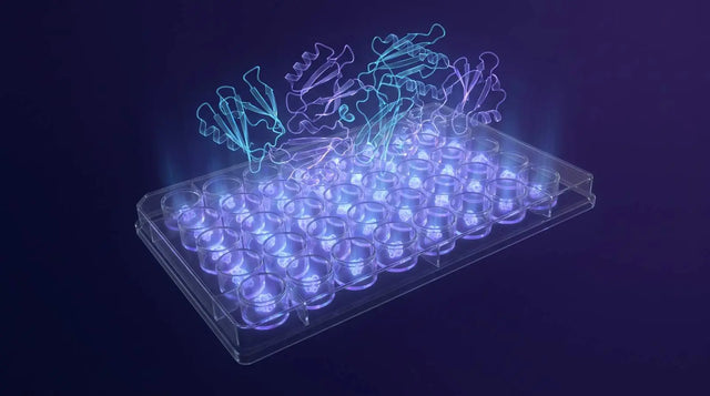 Abstract multi-well cell-assay plate with a transporter-protein motif in blue-violet.