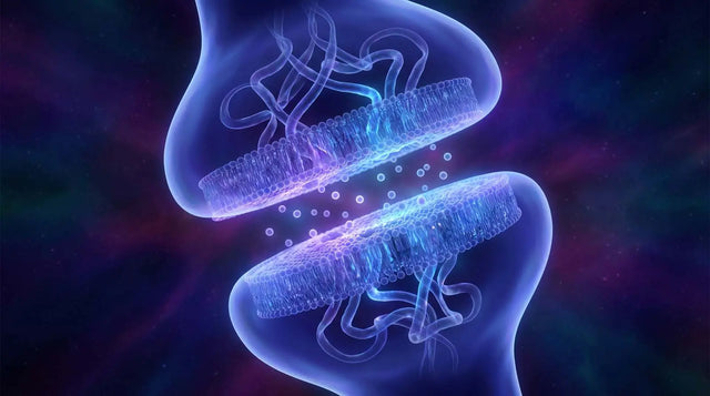 Abstract render of a neuronal synapse with monoamine-transporter proteins in blue-violet.