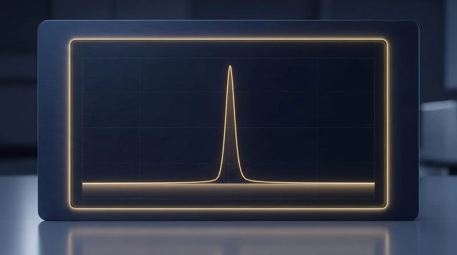 Abstract HPLC chromatogram trace with a dominant peak representing compound purity analysis.