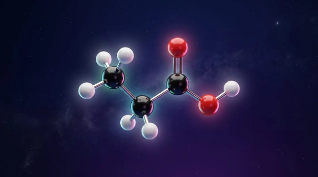 Abstract ball-and-stick small-molecule structure on a dark blue-violet background.