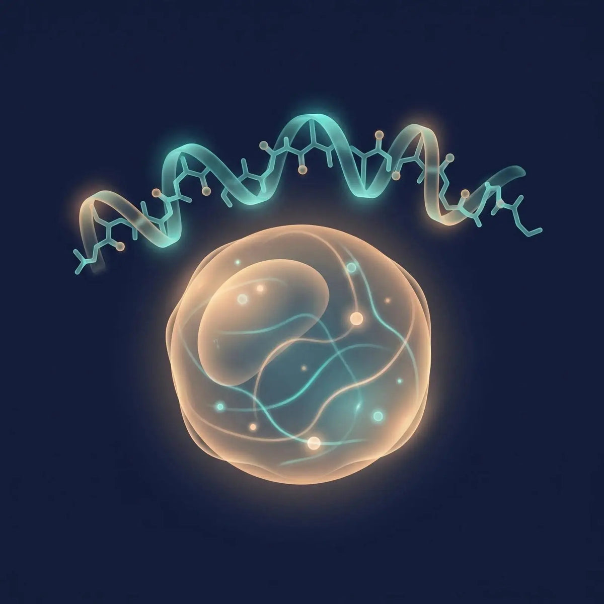 Isometric diagram of a glowing teal peptide ribbon above an immune cell with internal signaling lines lighting up, representing a peptide in immune-signaling research